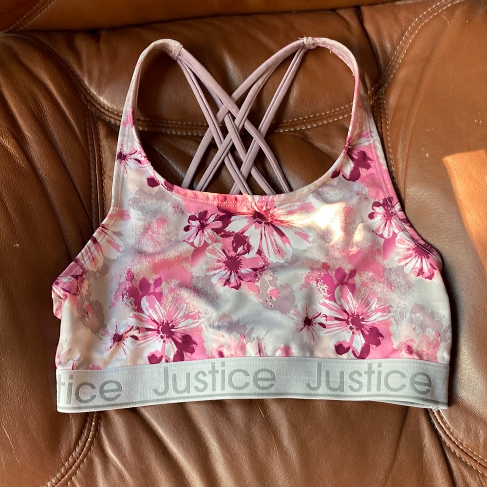 Justice size 36 pink and purple floral sports bra